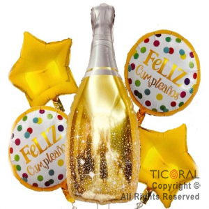 SET DE GLOBOS METALIZADO FELIZ CUMPLE BOTELLA ORO 5 UNIDADES X 1